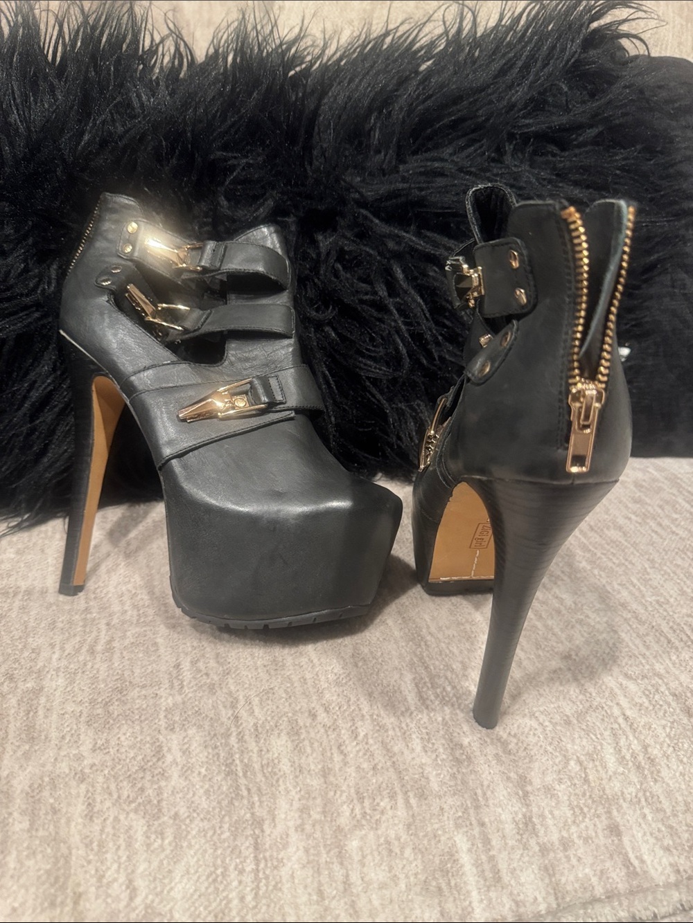 ZIGI girl Black Platform Stiletto Ankle Boots with Gold Accents